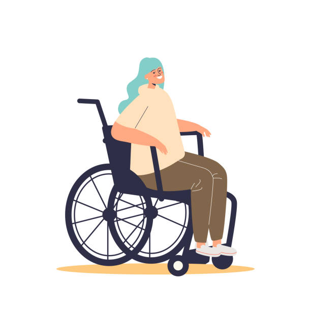 illustrazioni stock, clip art, cartoni animati e icone di tendenza di giovane ragazza disabile su sedia a rotelle. femmina con disabilità felice sorridente seduta sulla sedia a rotelle - disablement