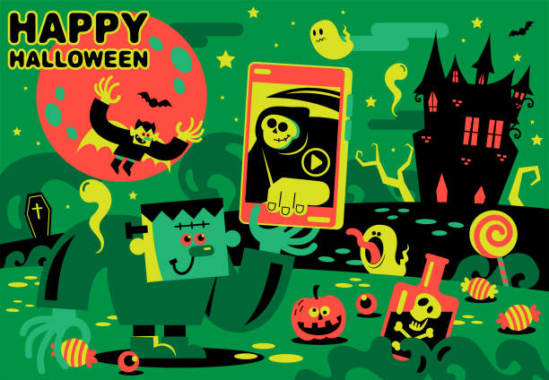frankenstein, wampir i śmierć cieszą się wirtualną imprezą halloween i konkursem sztuczek lub smakołyków i kostiumów na smartfonie, tajemniczym zamkiem na wzgórzu, koncepcją bezpieczeństwa halloween - ghosts & ghouls illustrations stock illustrations