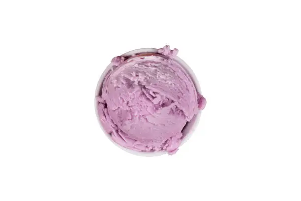Photo of Grape-flavored purple ice cream. Top photography with isolated object with white background.