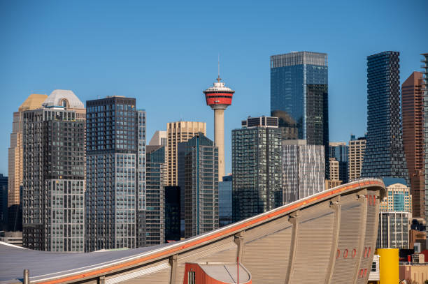 Skyline of Calgary Calgary, Alberta - October 3, 2021: Exterior facade and detail of the Scotiabank Saddledome. Home of the NHL's Calgary Flames. scotiabank saddledome stock pictures, royalty-free photos & images