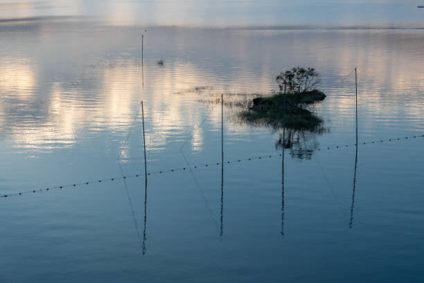 istock The evening lake reflected the sunset glow and mountains 1344665622