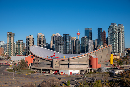 Calgary, Alberta - October 3, 2021: Exterior facade and detail of the Scotiabank Saddledome. Home of the NHL's Calgary Flames.