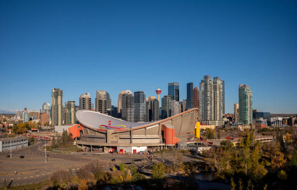 Scotiabank Saddledome, Calgary Calgary, Alberta - October 3, 2021: Exterior facade and detail of the Scotiabank Saddledome. Home of the NHL's Calgary Flames. scotiabank saddledome stock pictures, royalty-free photos & images