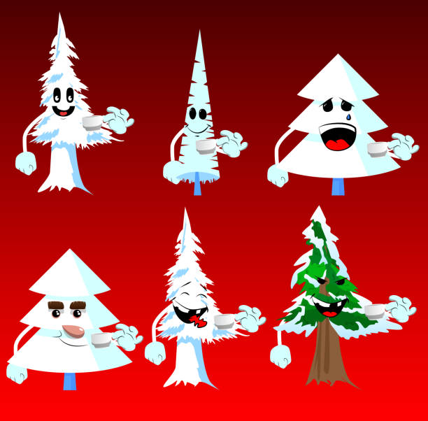 Winter pine trees with faces drinking coffee. Cute forest trees. Cartoon winter pine trees with faces drinking coffee. Cute forest trees. Snow on pine cartoon character, funny holiday vector illustration. pine needle tea stock illustrations