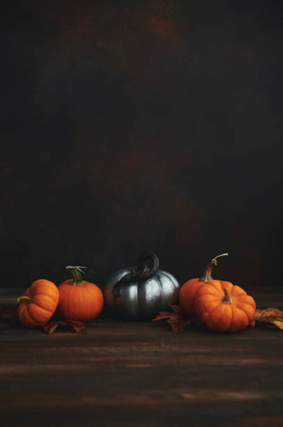 istock Dark Thanksgiving Fall Background with Pumpkins and Leaves 1344677975