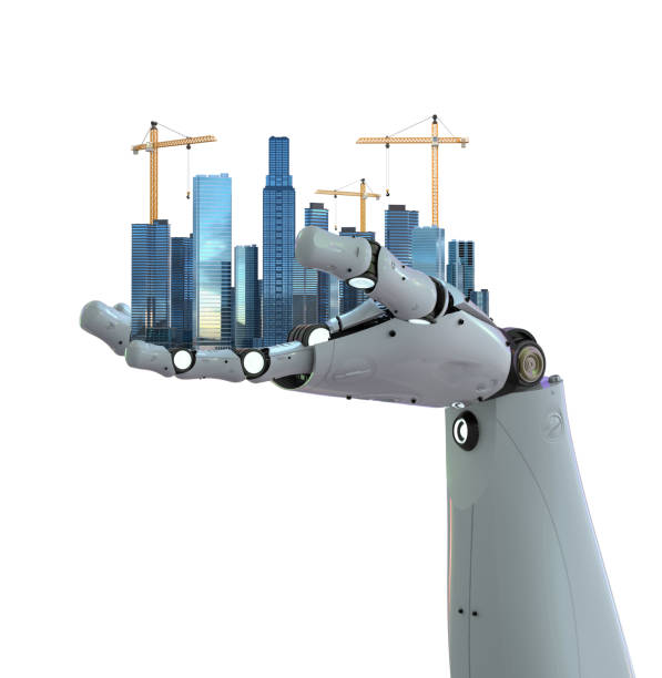 istock Smart city with robot and development city 1344681789