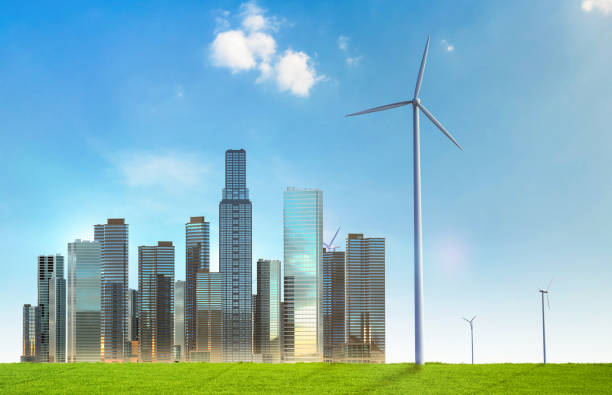 Green energy concept with 3d rendering urban wind mill farm