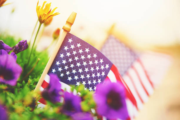 istock American Flags in Bright Warm Sunshine with Flowers 1344682713
