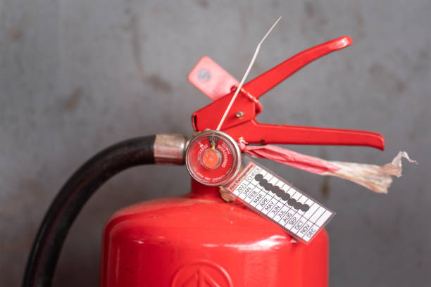 istock Chemical fire extinguisher with monthly inspection tag. 1344683758