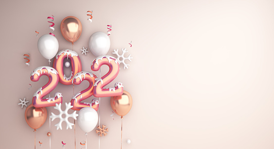 Happy new year 2022 decoration background with balloon snowflakes, 3D rendering illustration