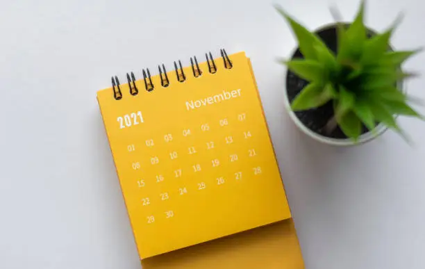 Tear-off calendar for November 2021. Desktop calendar for planning and managing each date