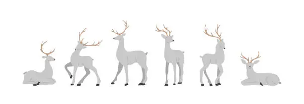 Vector illustration of Silhouettes of grey reindeers. Cute deers with antlers standing and jumping. Vector illustration in flat cartoon style