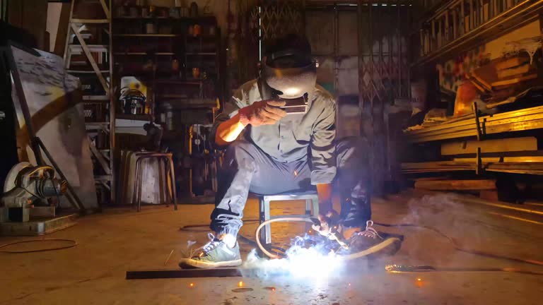 slow motion asian malay welder welding working in the workshop with welding torch repairing