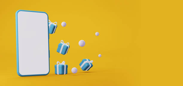 istock Smartphone mock up. Cellphone frame with blank display with falling gifts on a bright yellow background. 3d rendering 1344692849