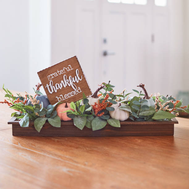 istock Bright Thanksgiving Arrangement with Thankful Message in Modern Home Interior 1344693926