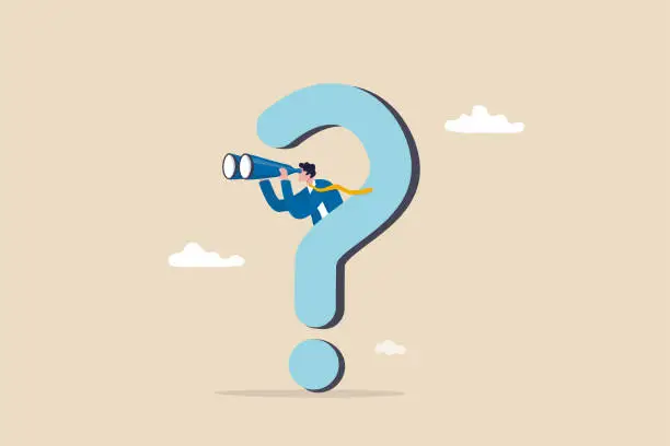 Vector illustration of Curiosity explore unknown, search for solution or new business opportunity, seek for success concept, curios businessman with huge question mark look through binoculars to search for new business idea