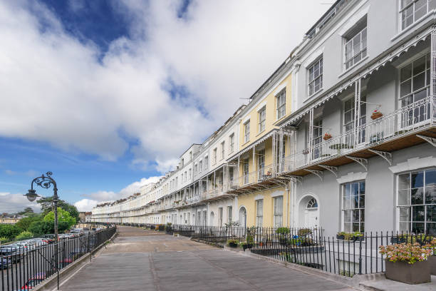 Terrace of houses in Clifton Row of classical houses in Clifton Village Bristol, the third longest in Europe bristol england stock pictures, royalty-free photos & images