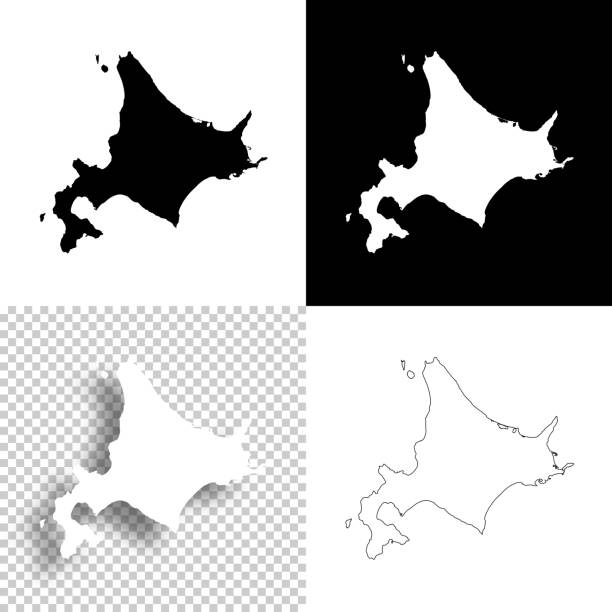 デザイン用の北海道マップ。空白、白、黒の背景 - ラインアイコン - 北海道点のイラスト素材／クリップアート素材／マンガ素材／アイコン素材