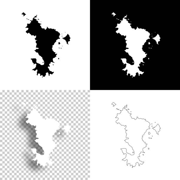 Mayotte maps for design. Blank, white and black backgrounds - Line icon Map of Mayotte for your own design. Four maps with editable stroke included in the bundle: - One black map on a white background. - One blank map on a black background. - One white map with shadow on a blank background (for easy change background or texture). - One line map with only a thin black outline (in a line art style). The layers are named to facilitate your customization. Vector Illustration (EPS10, well layered and grouped). Easy to edit, manipulate, resize or colorize. Vector and Jpeg file of different sizes. french overseas territory stock illustrations