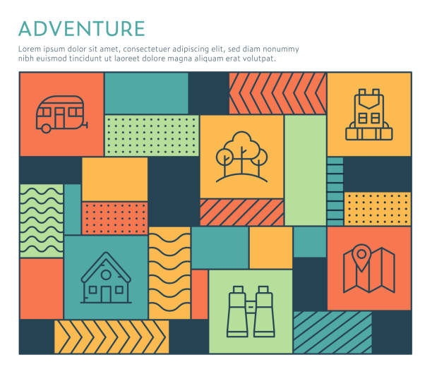 Bauhaus Style Adventure Infographic Template Bauhaus Style Adventure Infographic Template on multi colored background with line illustrations. grill rods stock illustrations