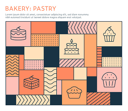 Bauhaus Style Bakery And Pastry Infographic Template on multi colored background with line illustrations.