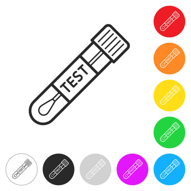 wattestäbchen reagenzglas. flache symbole auf schaltflächen in verschiedenen farben - corona test stock-grafiken, -clipart, -cartoons und -symbole