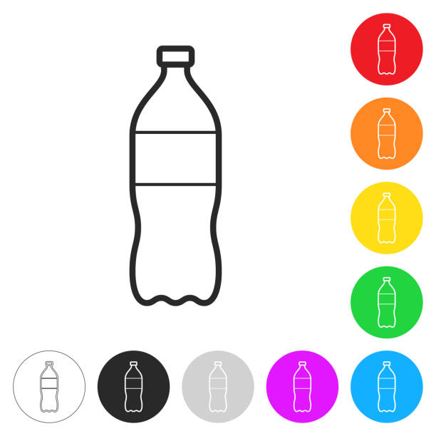 ilustraciones, imágenes clip art, dibujos animados e iconos de stock de botella de refresco. iconos planos en botones en diferentes colores - soda