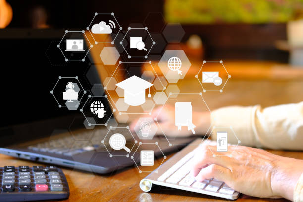 istock Man using laptop computer with education icon concept, worked from home, Home quarantine, New normal, technology business concept 1344705305