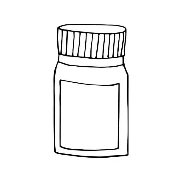 Vector illustration of jar with medicine hand drawn doodle. vector, scandinavian, nordic, minimalism, monochrome. icon, sticker, health, tablets, capsules, vitamins.