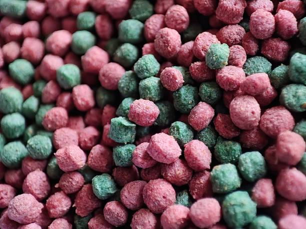 Closeup view of fish food granules