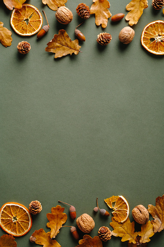 Autumn frame with dry oranges, fallen oak leaves, acorns, walnuts on vintage green background. Thanksgiving card mockup. Flat lay, top view, copy space.