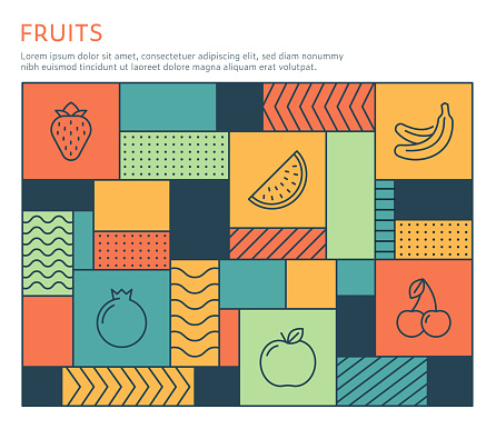Bauhaus Style Fruits Infographic Template on multi colored background with line illustrations.