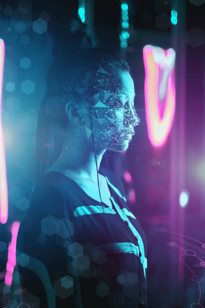istock Asian woman with face ID concept in neon light 1344707247