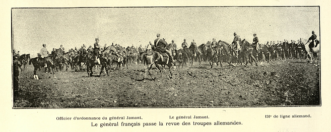 Vintage photograph of Le général français passe la revue des troupes allemandes, The French general reviews the German troops, 1893, 19th Century. The ceremony of Saint-ail