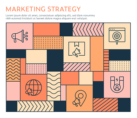 Bauhaus Style Marketing Strategy Infographic Template on multi colored background with line illustrations.