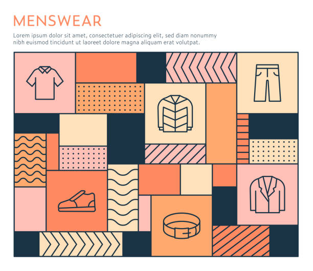 Bauhaus Style Menswear Infographic Template Bauhaus Style Menswear Infographic Template on multi colored background with line illustrations. cardigan clothing template fashion stock illustrations