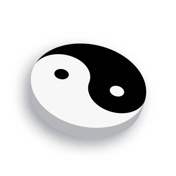 Yin Yang symbol icon in black and white. 3D vector object with dropped shadow on white background. Yin Yang symbol icon of Chinese phylosophy describes how opposite and contrary forces may be complementary, interconnected and interdependent in the natural world. Black and white illustration with shadow. jing jang stock illustrations