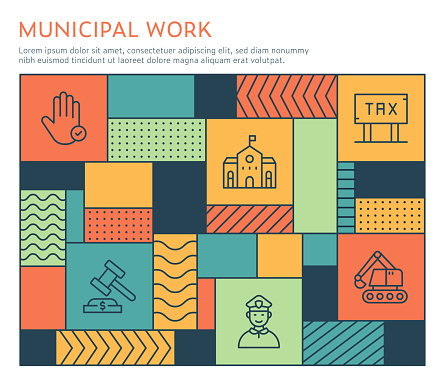 Bauhaus Style Municipal Work Infographic Template on multi colored background with line illustrations.