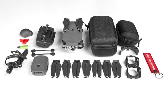 DJI Mavic PRO and accessory kit on white background. 02.12.2018 Rostov on Don, Russia