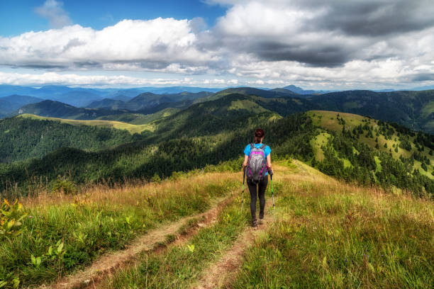 Woman hiker with backpack and trekking poles on hiking trail stock photo