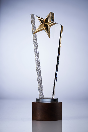 crystal trophy star shape on gray  background