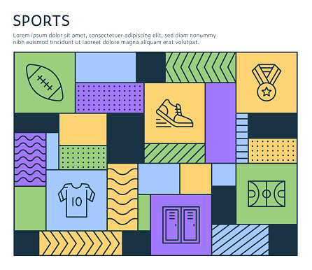 Bauhaus Style Sports Infographic Template on multi colored background with line illustrations.