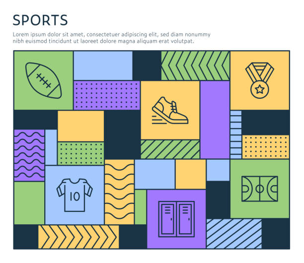 Bauhaus Style Sports Infographic Template Bauhaus Style Sports Infographic Template on multi colored background with line illustrations. football locker room stock illustrations
