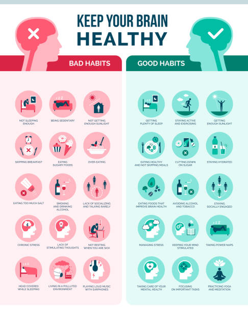 Keep your brain healthy infographic Keep your brain healthy: bad habits and good habits, healthcare and prevention infographic medical infographics stock illustrations