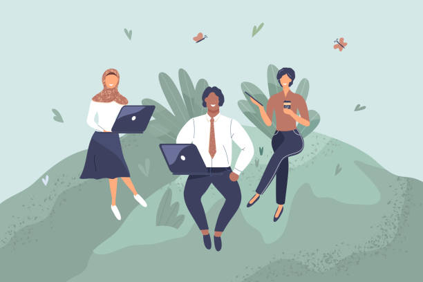 illustrazioni stock, clip art, cartoni animati e icone di tendenza di impiegati seduti sul prato verde - human resources people incentive teamwork