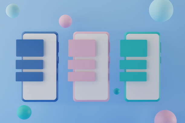 istock Modern smartphones with application messages on blue background, 3d render 1344711418