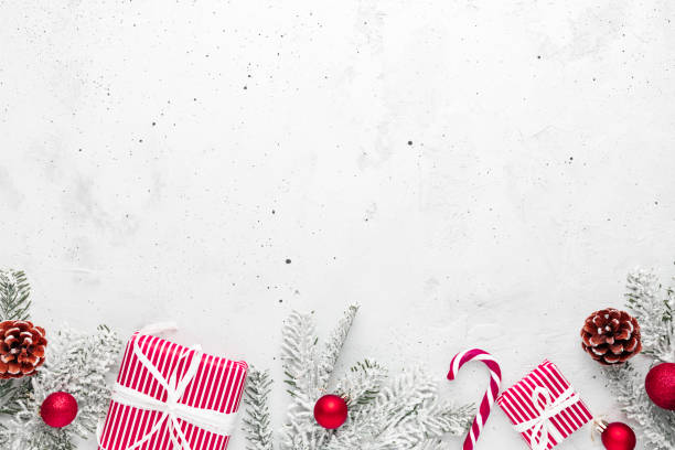 istock Christmas and New Year flat lay with two red white present gift boxes top view 1344711433