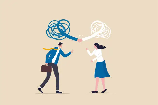 Vector illustration of Respect different dissent, accept conflict opinion for work collaborate, professional work discussion concept, businessman and woman fighting or arguing on work with sign of respectful handshaking.