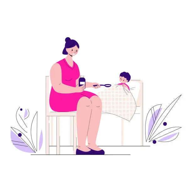 Vector illustration of The sick child lies in bed. The mother gives him medicine. Vector illustration in flat style.