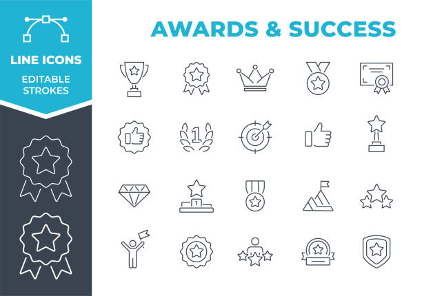 Awards and Success - Line Icons. Editable Stroke. Vector Stock Illustration Set of icons: Awards, Success, Cup, Meadal, Leadership, Certificate, Laurel Wreath, First Place winners cup icon stock illustrations